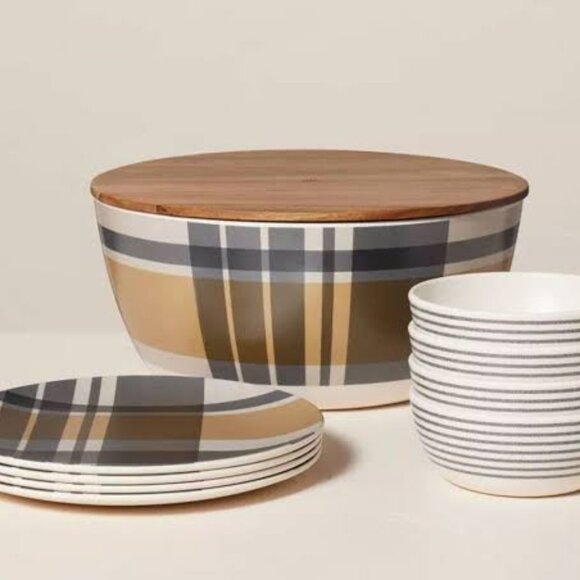 Hearth & Hand™ with Magnolia Plaid Stripe Bamboo Melamine Picnic Set NWT - Picture 3 of 6